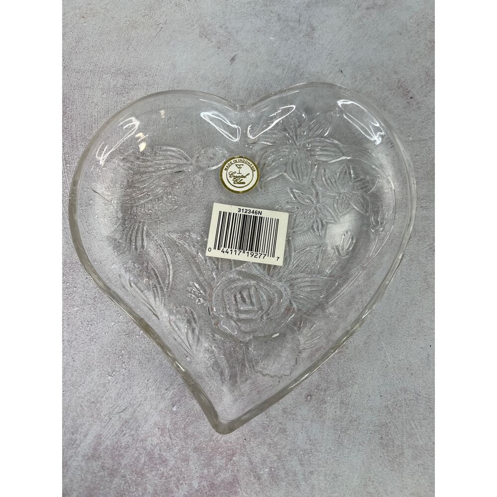 Crystal Clear Heart Shaped Candy/ Jelly Dish Hummingbird and Flower Design 6"